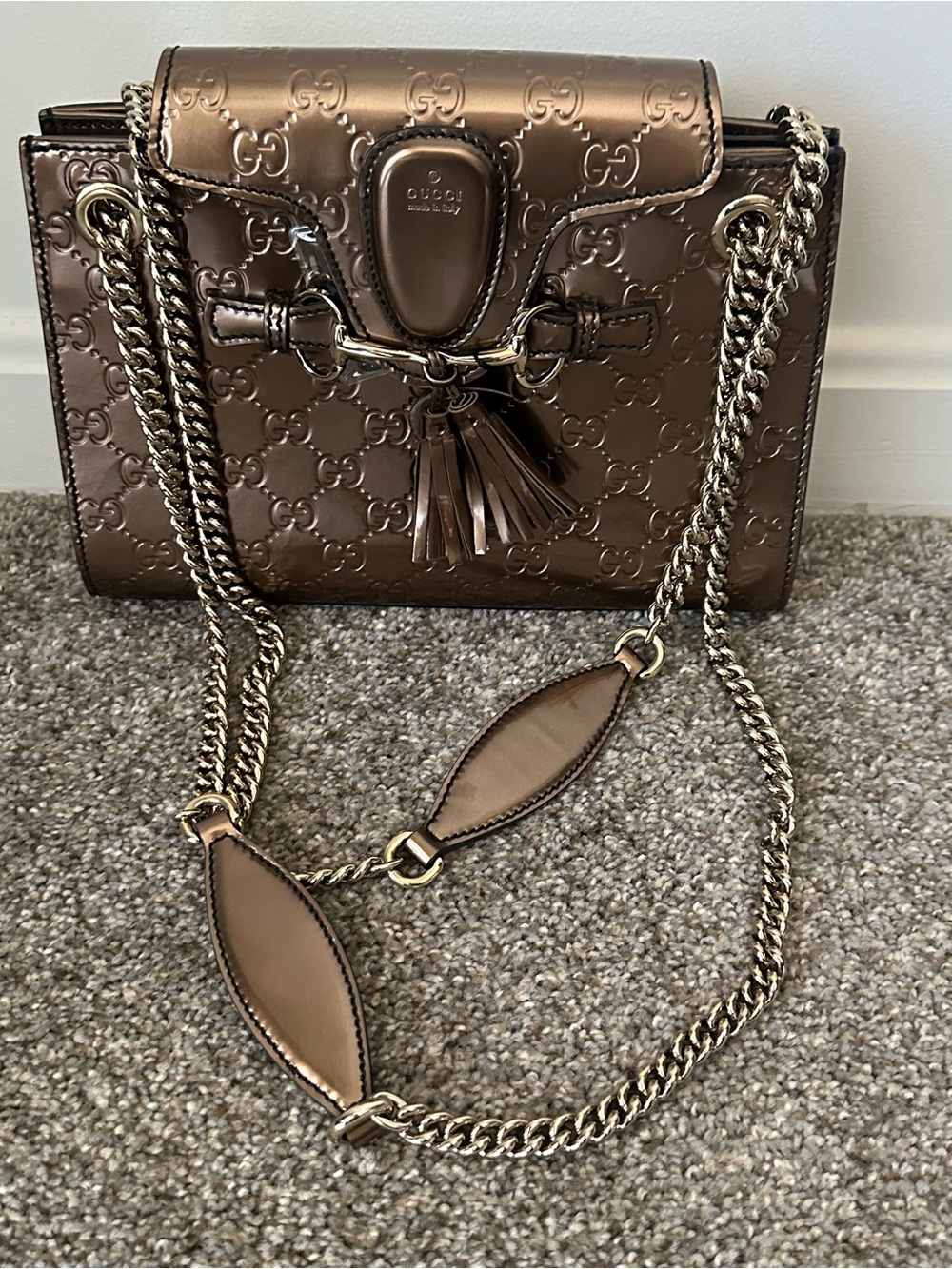 Gucci Bronze Metallic GG-Embossed Chain Satchel
